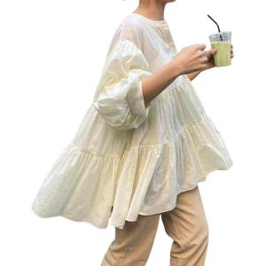imageCHARTOU Women Elegant 34 Sleeve Ruffle Shirts Botton Down Babydoll Blouse Loose Flowy Tunic Lightweight TopWhite