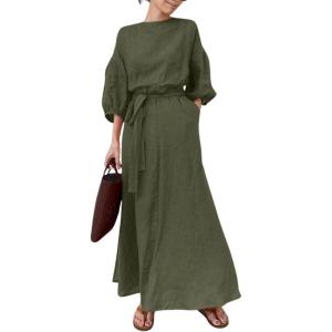 imageCHARTOU Women Elegant Long Dress Boat Neck 34 Lantern Sleeve Cotton Linen Dress with BeltGreen