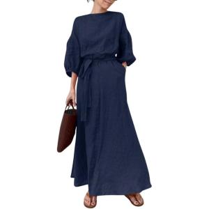 imageCHARTOU Women Elegant Long Dress Boat Neck 34 Lantern Sleeve Cotton Linen Dress with BeltNavy