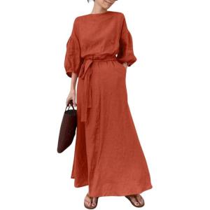 imageCHARTOU Women Elegant Long Dress Boat Neck 34 Lantern Sleeve Cotton Linen Dress with BeltOrange