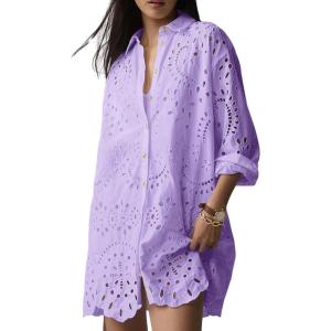 imageCHARTOU Women Eyelet Lace Dress Button Down Shirt Loose Fit Summer Casual Mini DressPurple