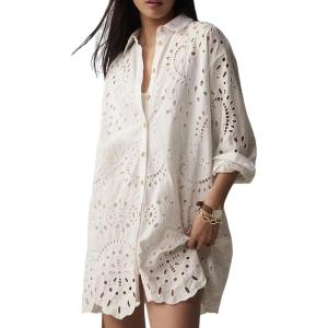 imageCHARTOU Women Eyelet Lace Dress Button Down Shirt Loose Fit Summer Casual Mini DressWhite