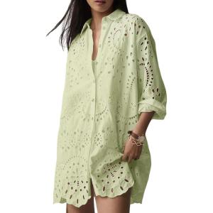 imageCHARTOU Women Eyelet Lace Dress Button Down Shirt Loose Fit Summer Casual Mini DressYellow