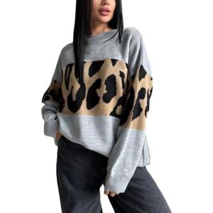 imageCHARTOU Women Fall Winter Leopard Sweater Casual Oversized Crew Neck Long Sleeve Pullover Sweater Knitted TopsGrey