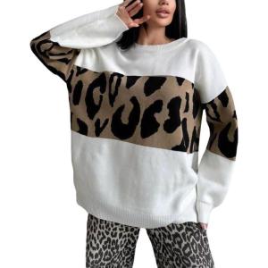 imageCHARTOU Women Fall Winter Leopard Sweater Casual Oversized Crew Neck Long Sleeve Pullover Sweater Knitted TopsWhite