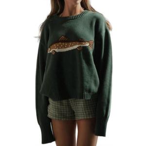 imageCHARTOU Women Fashion Crew Neck Rib Knit Crucian Carp Graphic Oversized Y2k Pullover Sweater JumperDark Green