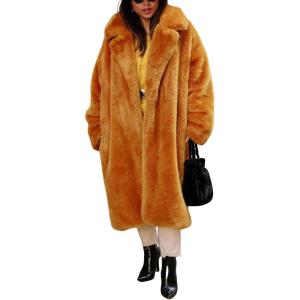 imageCHARTOU Women Faux Fur Coat Long Sleeve Winter Fluffy Jacket Overcoat Warm Fuzzy Coat Cardigan with Belt OutdoorCaramel