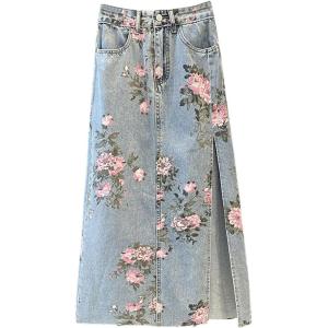 imageCHARTOU Women Floral Print Long Denim Jean Skirt Printed Midi A Line Skirt Side Slit Denim Jean Flare SkirtBlue