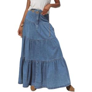 imageCHARTOU Women High Waist Tiered Denim Maxi Skirt Western Ruffle Patchwork Y2k A Line Long Jean Skirt PocketsBlue
