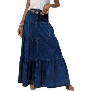 imageCHARTOU Women High Waist Tiered Denim Maxi Skirt Western Ruffle Patchwork Y2k A Line Long Jean Skirt PocketsDark Blue