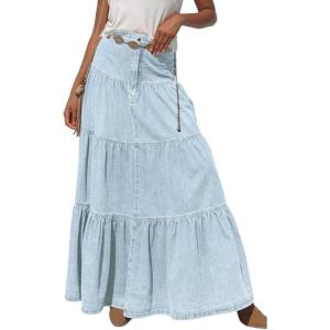 imageCHARTOU Women High Waist Tiered Denim Maxi Skirt Western Ruffle Patchwork Y2k A Line Long Jean Skirt PocketsLight Blue