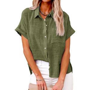 imageCHARTOU Women Linen Button Down Shirt Lightweight Short Sleeve T Shirt Blouse Summer TopArmygreen