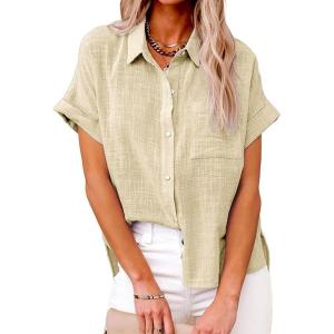 imageCHARTOU Women Linen Button Down Shirt Lightweight Short Sleeve T Shirt Blouse Summer TopBeige Yellow