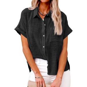 imageCHARTOU Women Linen Button Down Shirt Lightweight Short Sleeve T Shirt Blouse Summer TopBlack