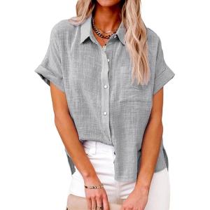 imageCHARTOU Women Linen Button Down Shirt Lightweight Short Sleeve T Shirt Blouse Summer TopGrey