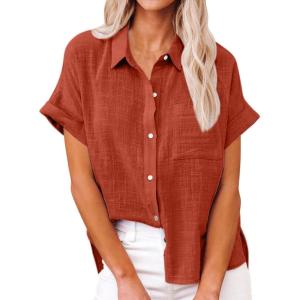 imageCHARTOU Women Linen Button Down Shirt Lightweight Short Sleeve T Shirt Blouse Summer TopOrange Red