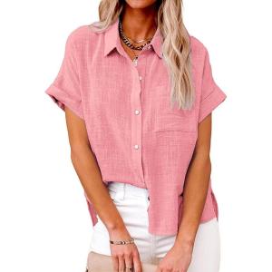 imageCHARTOU Women Linen Button Down Shirt Lightweight Short Sleeve T Shirt Blouse Summer TopPink