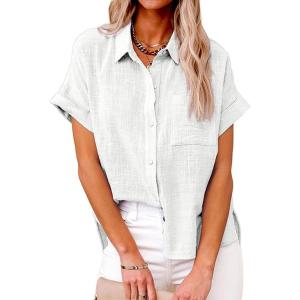 imageCHARTOU Women Linen Button Down Shirt Lightweight Short Sleeve T Shirt Blouse Summer TopWhite