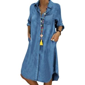 imageCHARTOU Women Long Sleeve Denim Button Up Shirt Dress Midi Jean DressBlue
