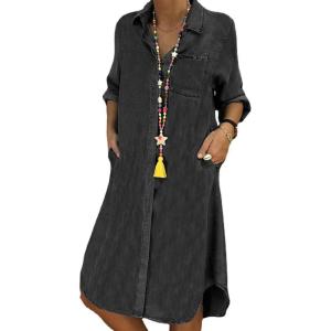 imageCHARTOU Women Long Sleeve Denim Button Up Shirt Dress Midi Jean DressGreyish Black