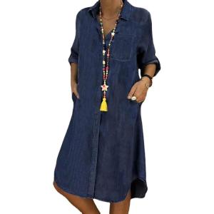 imageCHARTOU Women Long Sleeve Denim Button Up Shirt Dress Midi Jean DressNavy Blue