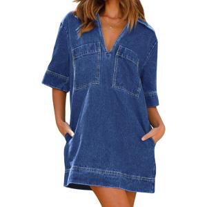 imageCHARTOU Women Loose Denim Dress Short Sleeve Casual Summer Dress Turn Down Pullover Vintage Tunic Jean DressBlue