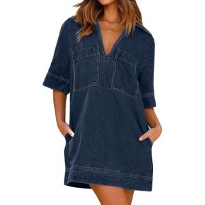 imageCHARTOU Women Loose Denim Dress Short Sleeve Casual Summer Dress Turn Down Pullover Vintage Tunic Jean DressDark Blue
