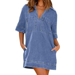 imageCHARTOU Women Loose Denim Dress Short Sleeve Casual Summer Dress Turn Down Pullover Vintage Tunic Jean DressLight Blue