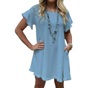 imageCHARTOU Women Loose Linen Mini Dress Summer Modest Frayed T Shirt Dress Flowy Ruffle Short Sleeve Shift Dress PocketBlue