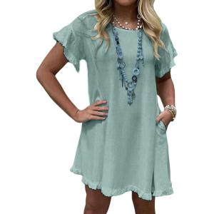 imageCHARTOU Women Loose Linen Mini Dress Summer Modest Frayed T Shirt Dress Flowy Ruffle Short Sleeve Shift Dress PocketGreen