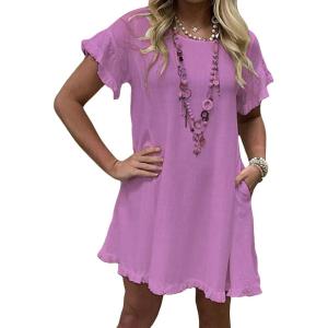 imageCHARTOU Women Loose Linen Mini Dress Summer Modest Frayed T Shirt Dress Flowy Ruffle Short Sleeve Shift Dress PocketPurple