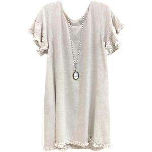 imageCHARTOU Women Loose Linen Mini Dress Summer Modest Frayed T Shirt Dress Flowy Ruffle Short Sleeve Shift Dress PocketWhite