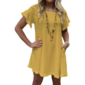 imageCHARTOU Women Loose Linen Mini Dress Summer Modest Frayed T Shirt Dress Flowy Ruffle Short Sleeve Shift Dress PocketYellow