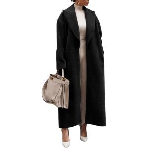 imageCHARTOU Women Oversized Long Winter Peacoat Lapel Collar Boucle Wool Blend Trench OvercoatBlack