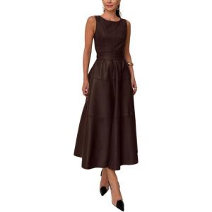 imageCHARTOU Women PU Faux Leather Sleeveless Elegant Flowy Long Dress Party Night Out Dress with BeltCoffee