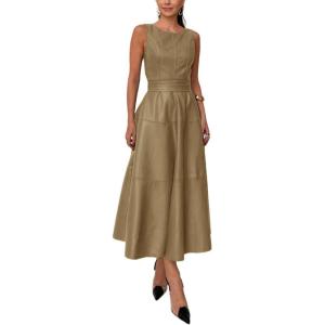imageCHARTOU Women PU Faux Leather Sleeveless Elegant Flowy Long Dress Party Night Out Dress with BeltGold