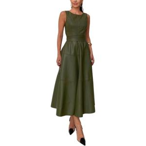 imageCHARTOU Women PU Faux Leather Sleeveless Elegant Flowy Long Dress Party Night Out Dress with BeltGreen