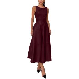 imageCHARTOU Women PU Faux Leather Sleeveless Elegant Flowy Long Dress Party Night Out Dress with BeltRed