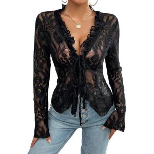 imageCHARTOU Women Sexy Lace Shirt Front BowTie Sheer See Through Blouse Mesh TopsBlack
