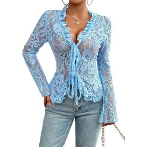 imageCHARTOU Women Sexy Lace Shirt Front BowTie Sheer See Through Blouse Mesh TopsBlue