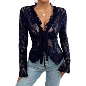 imageCHARTOU Women Sexy Lace Shirt Front BowTie Sheer See Through Blouse Mesh TopsNavy