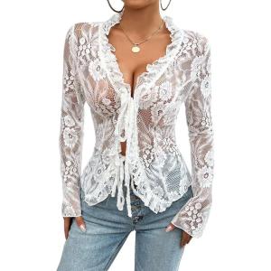 imageCHARTOU Women Sexy Lace Shirt Front BowTie Sheer See Through Blouse Mesh TopsWhite