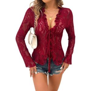 imageCHARTOU Women Sexy Lace Shirt Front BowTie Sheer See Through Blouse Mesh TopsWine