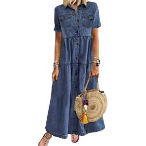 imageCHARTOU Women Short Sleeve Denim Maxi Dress Long Jean Dress Flowy Button Down Shirt Tiered Dress Summer SundressDark Blue