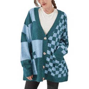 imageCHARTOU Women Slouchy Checkered Cardigan Oversized Open Front Cardigan Sweater Plaid Knit Outwear CoatBlue