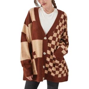 imageCHARTOU Women Slouchy Checkered Cardigan Oversized Open Front Cardigan Sweater Plaid Knit Outwear CoatBrown