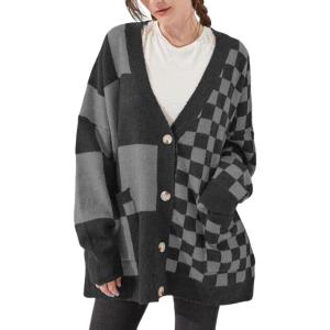 imageCHARTOU Women Slouchy Checkered Cardigan Oversized Open Front Cardigan Sweater Plaid Knit Outwear CoatGrey