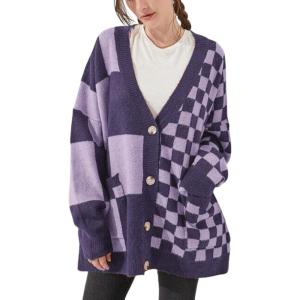 imageCHARTOU Women Slouchy Checkered Cardigan Oversized Open Front Cardigan Sweater Plaid Knit Outwear CoatPurple