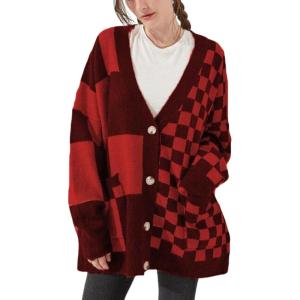 imageCHARTOU Women Slouchy Checkered Cardigan Oversized Open Front Cardigan Sweater Plaid Knit Outwear CoatRed