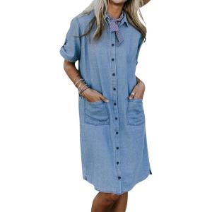 imageCHARTOU Women Summer Button Down Denim Shirt Dress Chambray Short Sleeve Knee Length Shift Jean T Shirt Dress with PocketsLight Blue